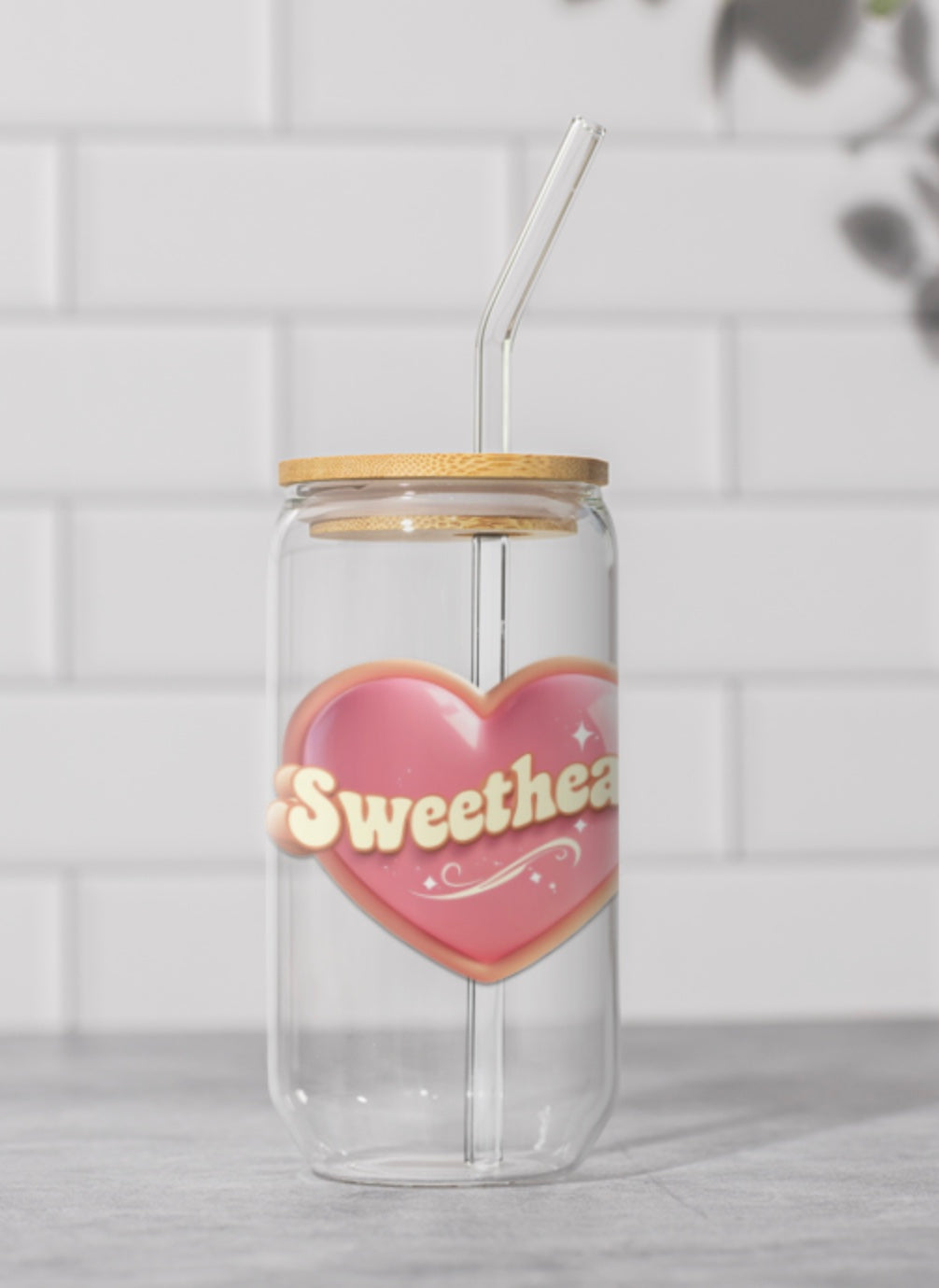 Sipper Glass, Personalized 16oz with bamboo lid and straw, Customizable tempered glass with bamboo lid and straw