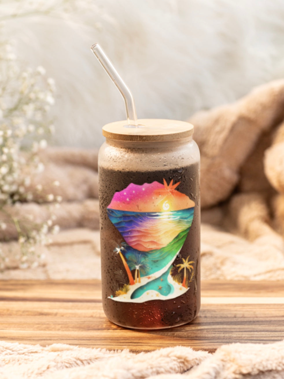 Sipper Glass, Personalized 16oz with bamboo lid and straw, Customizable tempered glass with bamboo lid and straw