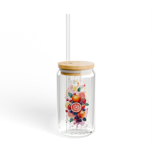 Floral Fruit Sipper Glass, 16 ounce sipper glassware, Fun and Colorful Floral Fruit 16 ounce glass, Gift For Her, Kitchen Decor