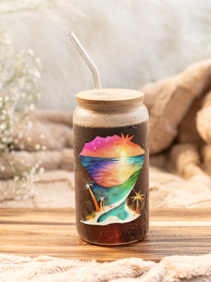 Sipper Glass, Personalized 16oz with bamboo lid and straw, Customizable tempered glass with bamboo lid and straw